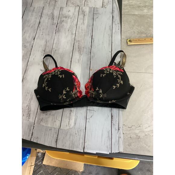 VICTORIA SECRET FABULOUS PLUNGE FRONT HOOK BLACK W/ RED ROSES SIZE 36DD - Picture 1 of 3